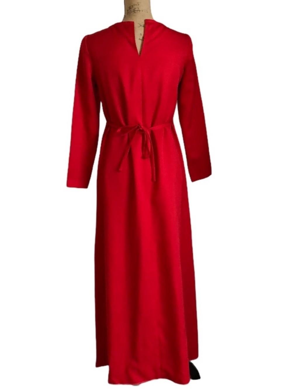 Handmade Red Maxi Dress Lace Appliqué Long Sleeve XXS–XS - Picture 3 of 16